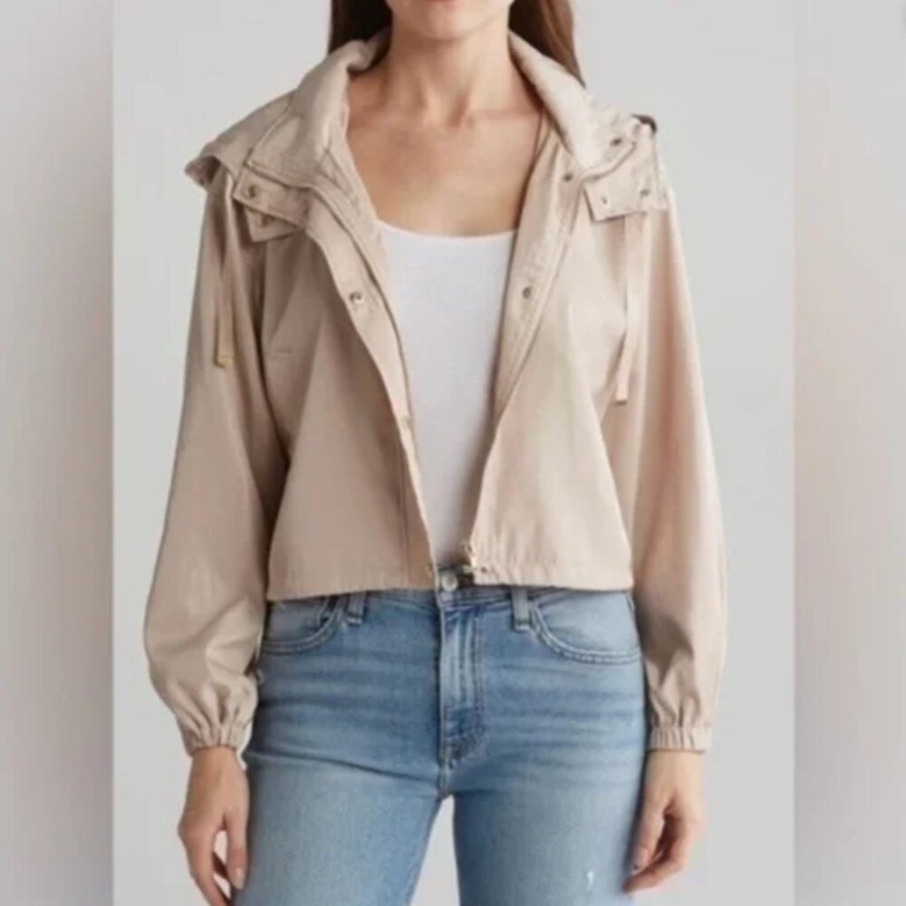 Crop Drawstring Hooded Jacket - Industry Republic Clothing STONE CREAM Size L